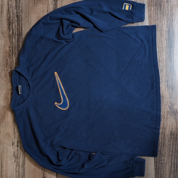 Vintage Nike Long Sleeve Navy Blue Gold Outline Swoosh Logo Chenille Embroidery - Picture 1 of 9